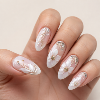 Ethereal Blossom | Milky Ombré 3D Floral Press-On Nails flat lay