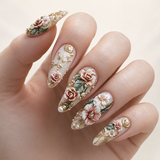 Ethereal Blossom | Milky Ombré 3D Floral Press-On Nails hand shot