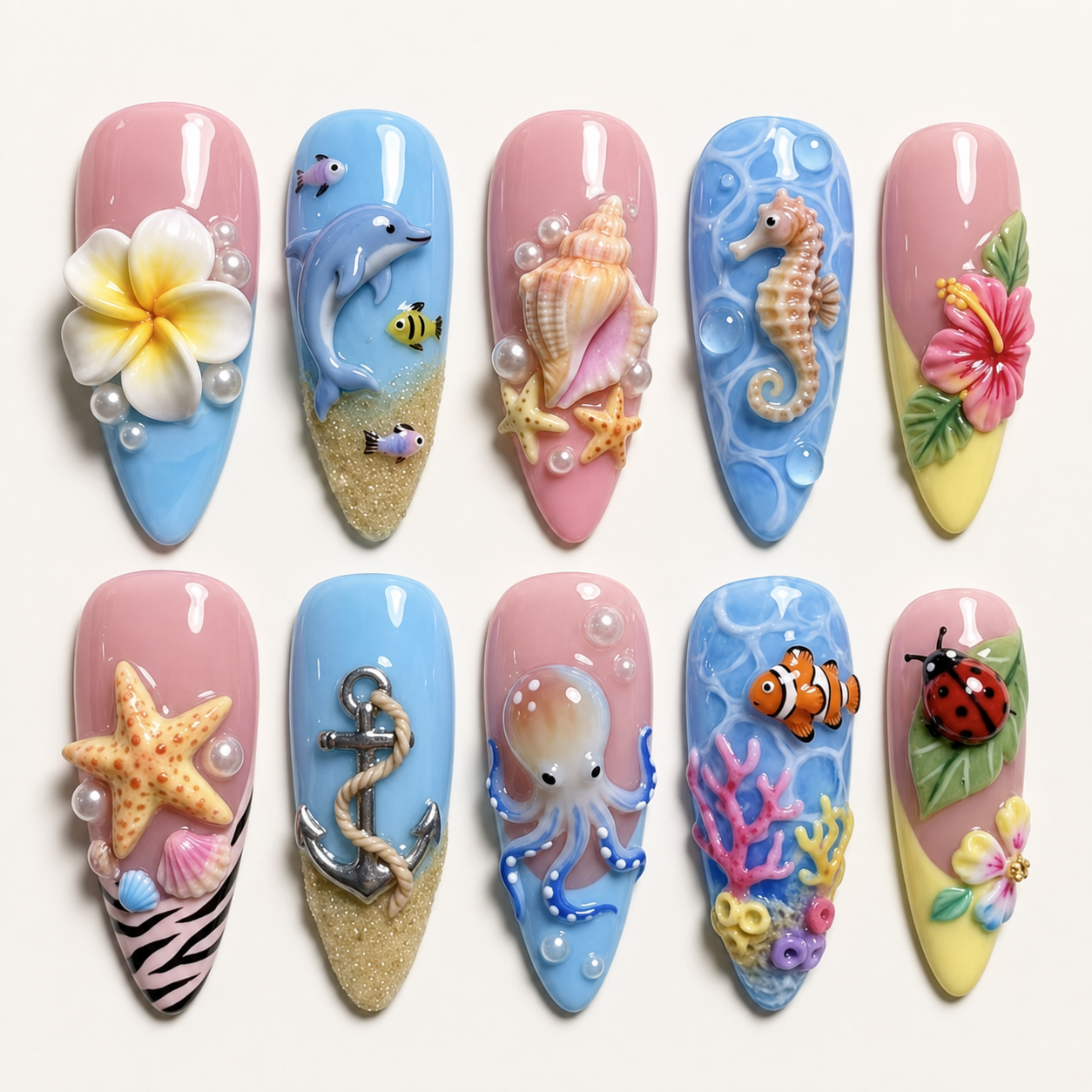 Under the Sea | 3D Tropical Ocean Press-On Nails flat lay