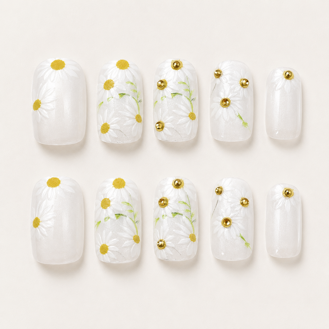 Golden Hour Daisy | Short Square Press-On Nails flat lay