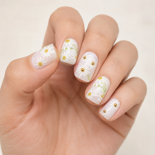 Golden Hour Daisy | Short Square Press-On Nails hand shot