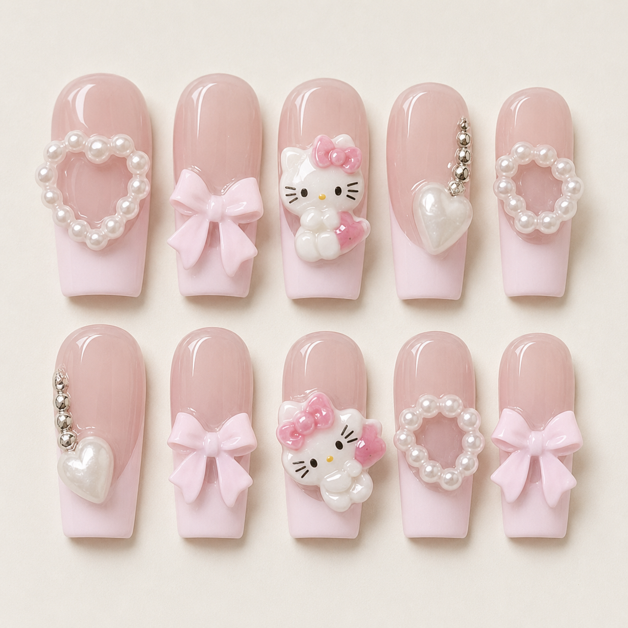Pink Coquette Kitty | 3D Wide Square Press-On Nails flat lay