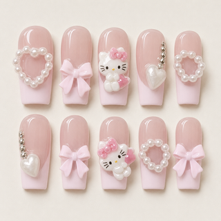 Pink Coquette Kitty | 3D Wide Square Press-On Nails flat lay