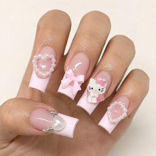 Pink Coquette Kitty | 3D Wide Square Press-On Nails hand shot