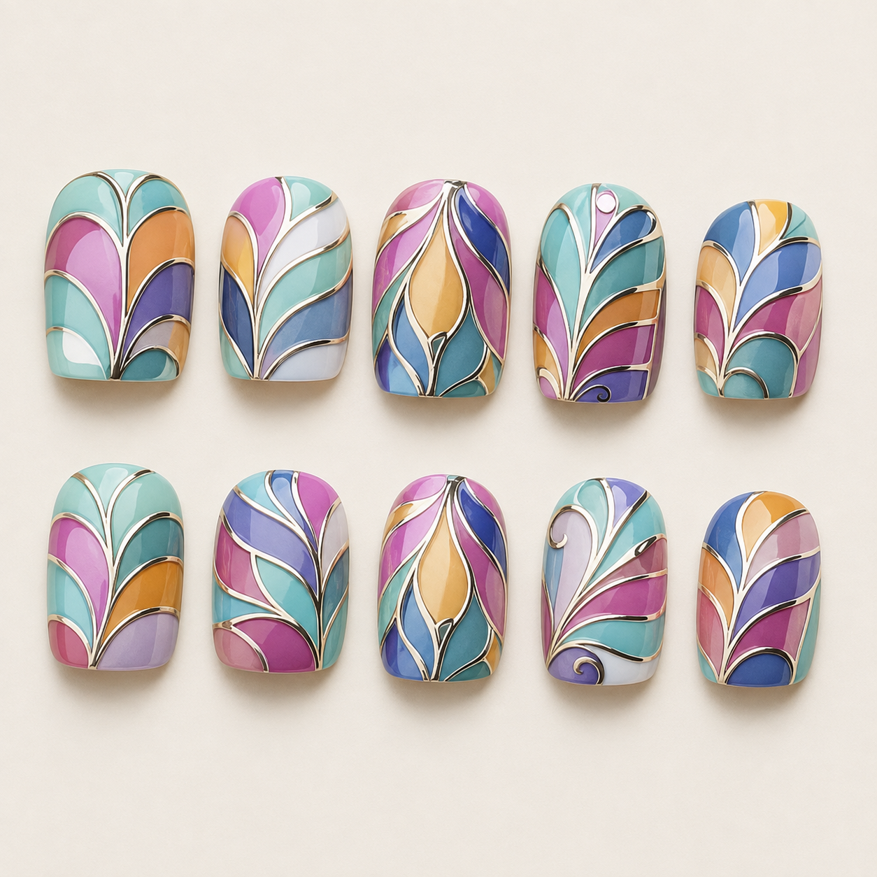 Mosaic Peacock | Stained-Glass Square Press-On Nails flat lay