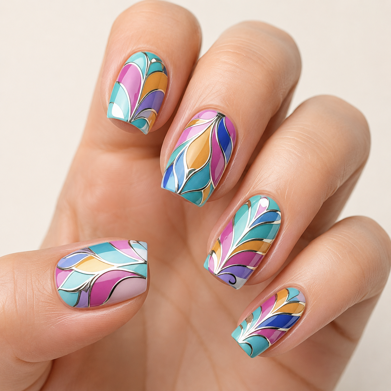 Mosaic Peacock | Stained-Glass Square Press-On Nails hand shot