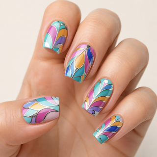 Mosaic Peacock | Stained-Glass Square Press-On Nails hand shot
