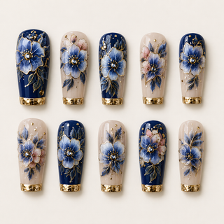 Midnight Chinoiserie | 3D Floral Gold Press-On Nails flat lay