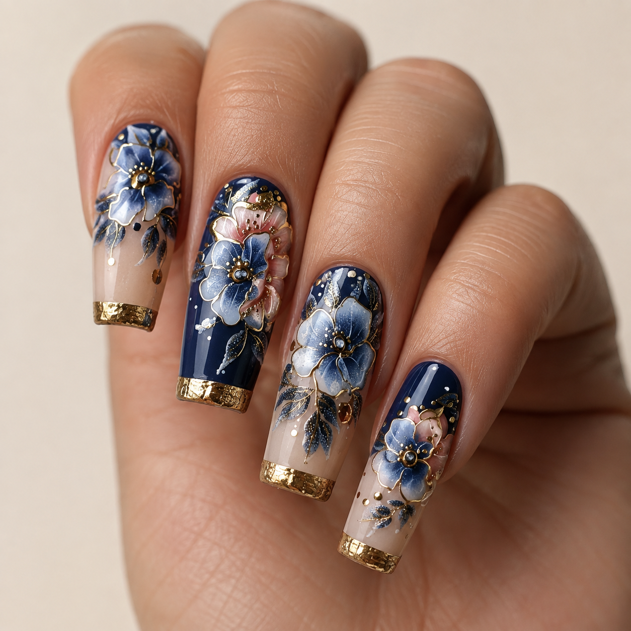 Midnight Chinoiserie | 3D Floral Gold Press-On Nails hand shot