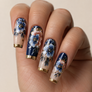 Midnight Chinoiserie | 3D Floral Gold Press-On Nails hand shot
