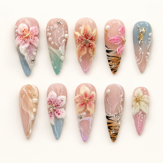 Tropical Wilderness | 3D Floral Tiger Press-On Nails flat lay
