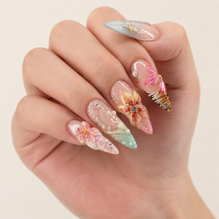 Tropical Wilderness | 3D Floral Tiger Press-On Nails hand shot