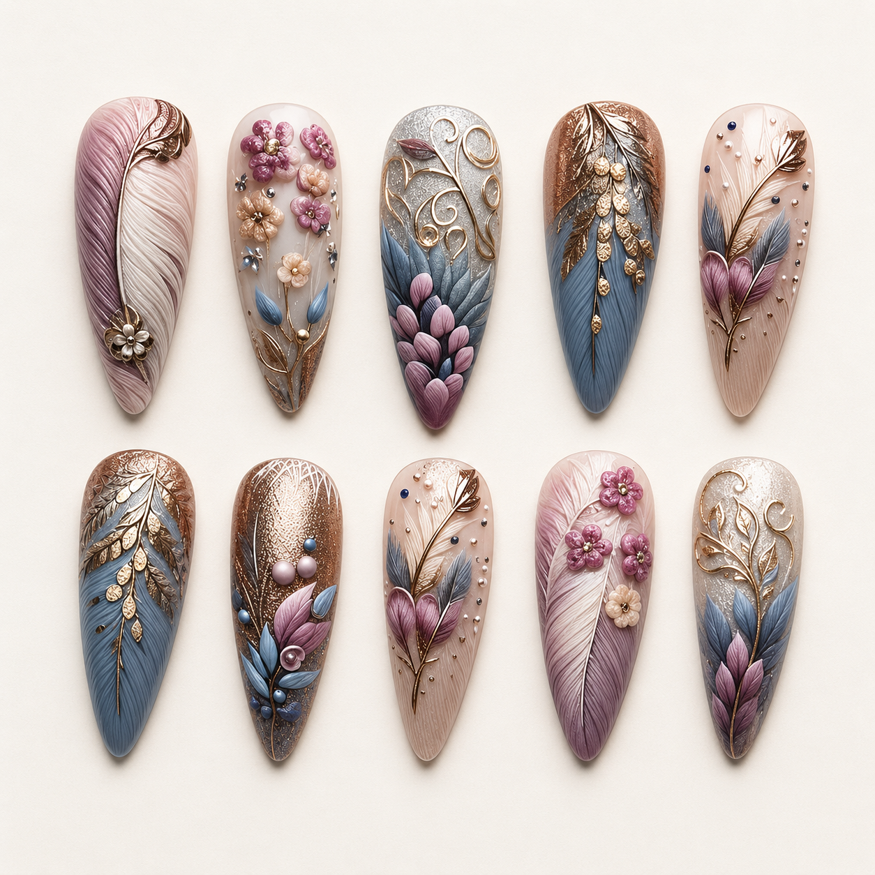 Enchanted Forest | 3D Feather Botanical Press-On Nails flat lay