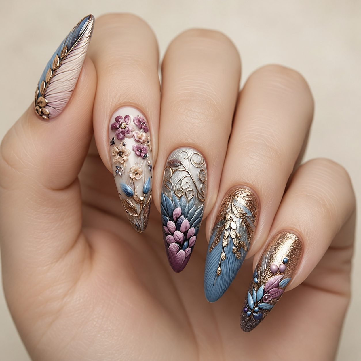 Enchanted Forest | 3D Feather Botanical Press-On Nails hand shot