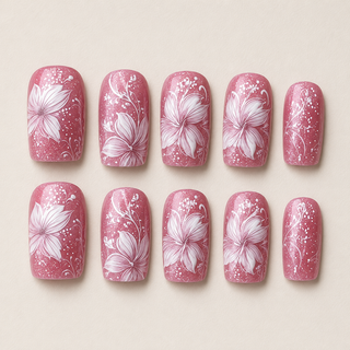 Blushing Lily Shimmer | Pink Square Press-On Nails flat lay