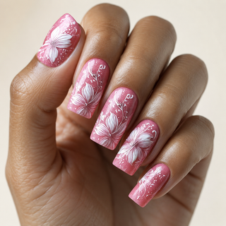 Blushing Lily Shimmer | Pink Square Press-On Nails hand shot