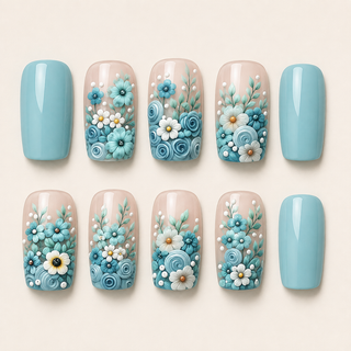Vintage Porcelain | 3D Blue Botanical Press-On Nails flat lay