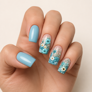 Vintage Porcelain | 3D Blue Botanical Press-On Nails hand shot