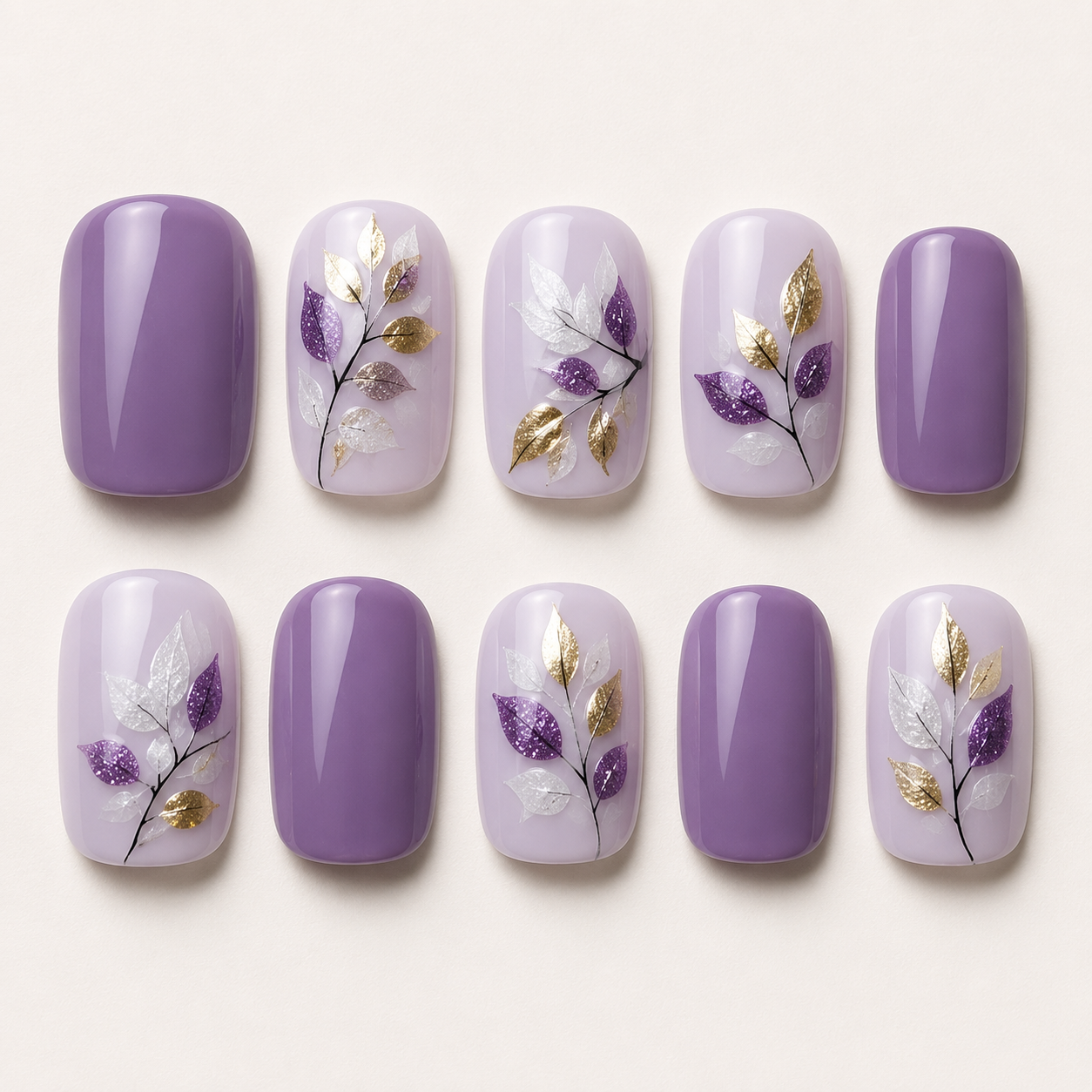 Lavender Fields | Gold Leaf Short Square Press-On Nails flat lay