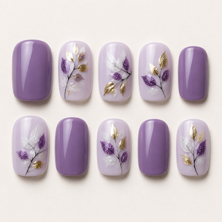 Lavender Fields | Gold Leaf Short Square Press-On Nails flat lay
