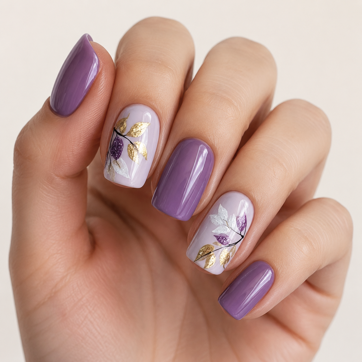 Lavender Fields | Gold Leaf Short Square Press-On Nails hand shot