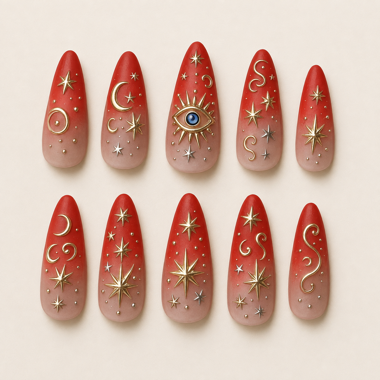 Celestial Crimson | 3D Gold Evil Eye Press-On Nails flat lay