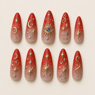 Celestial Crimson | 3D Gold Evil Eye Press-On Nails flat lay