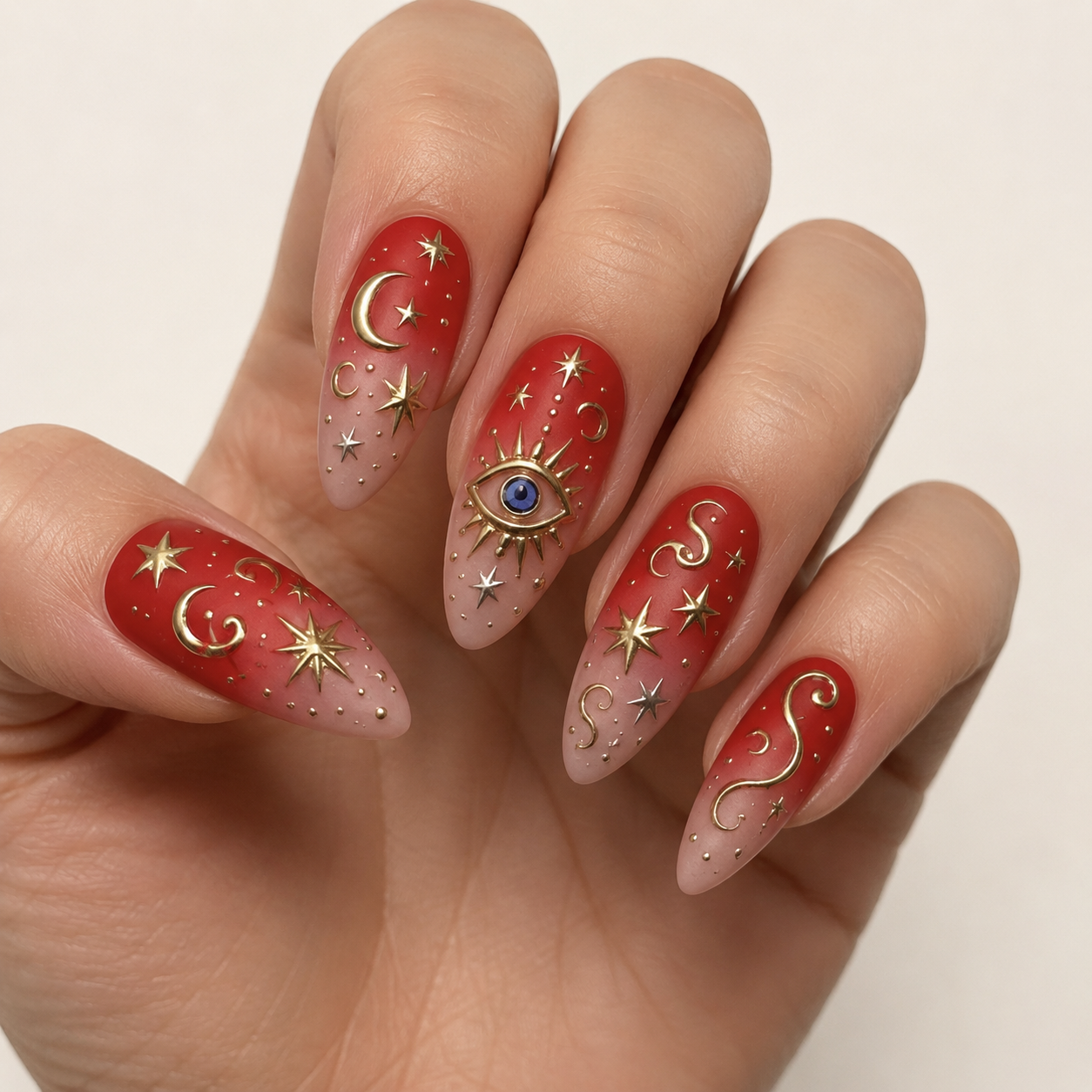 Celestial Crimson | 3D Gold Evil Eye Press-On Nails hand shot