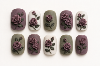 Vintage Velvet 3D Rose Short Oval Press-On Nails flat lay