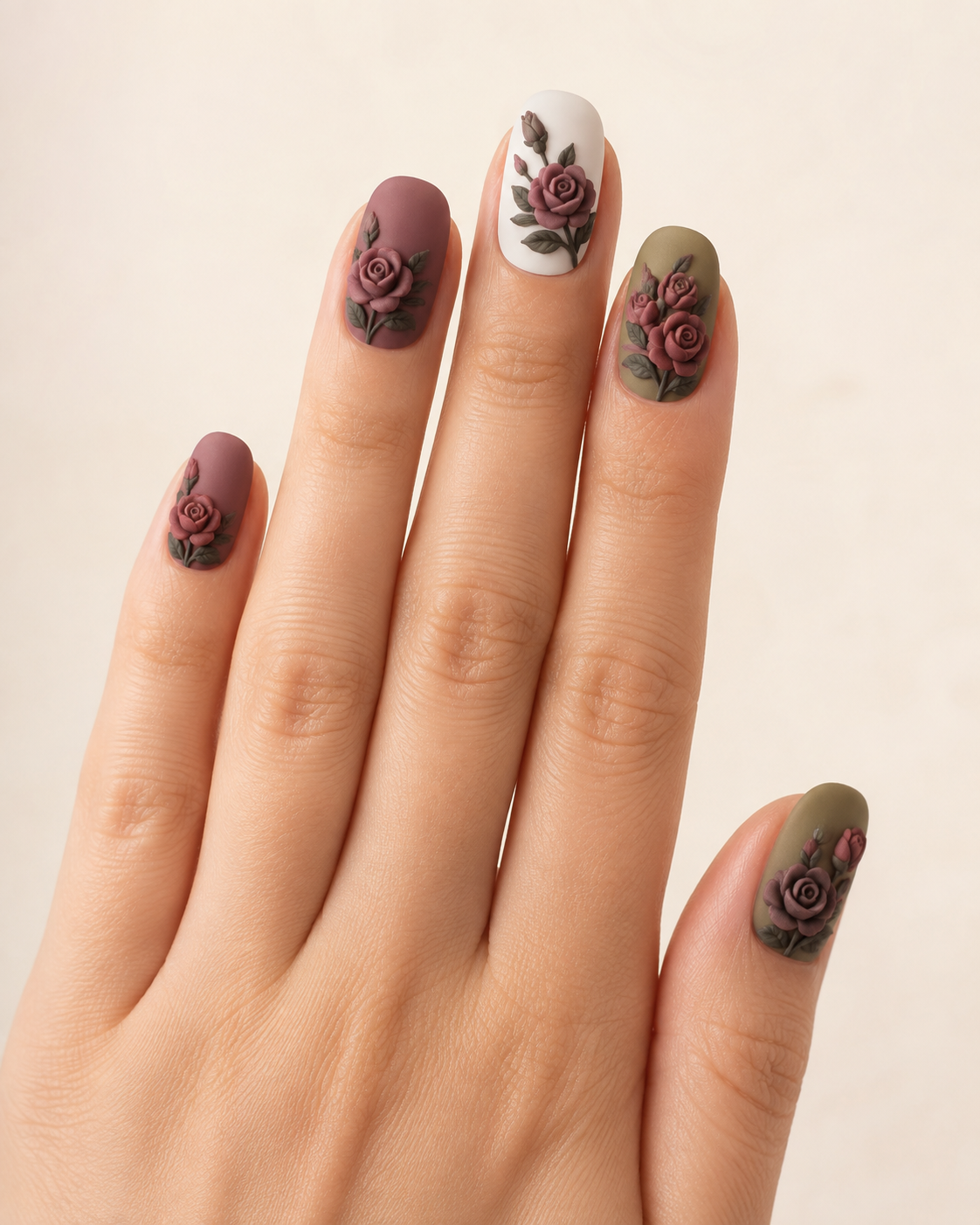 Vintage Velvet 3D Rose Short Oval Press-On Nails worn on hand