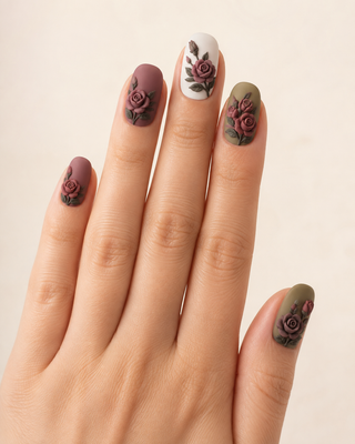 Vintage Velvet 3D Rose Short Oval Press-On Nails worn on hand