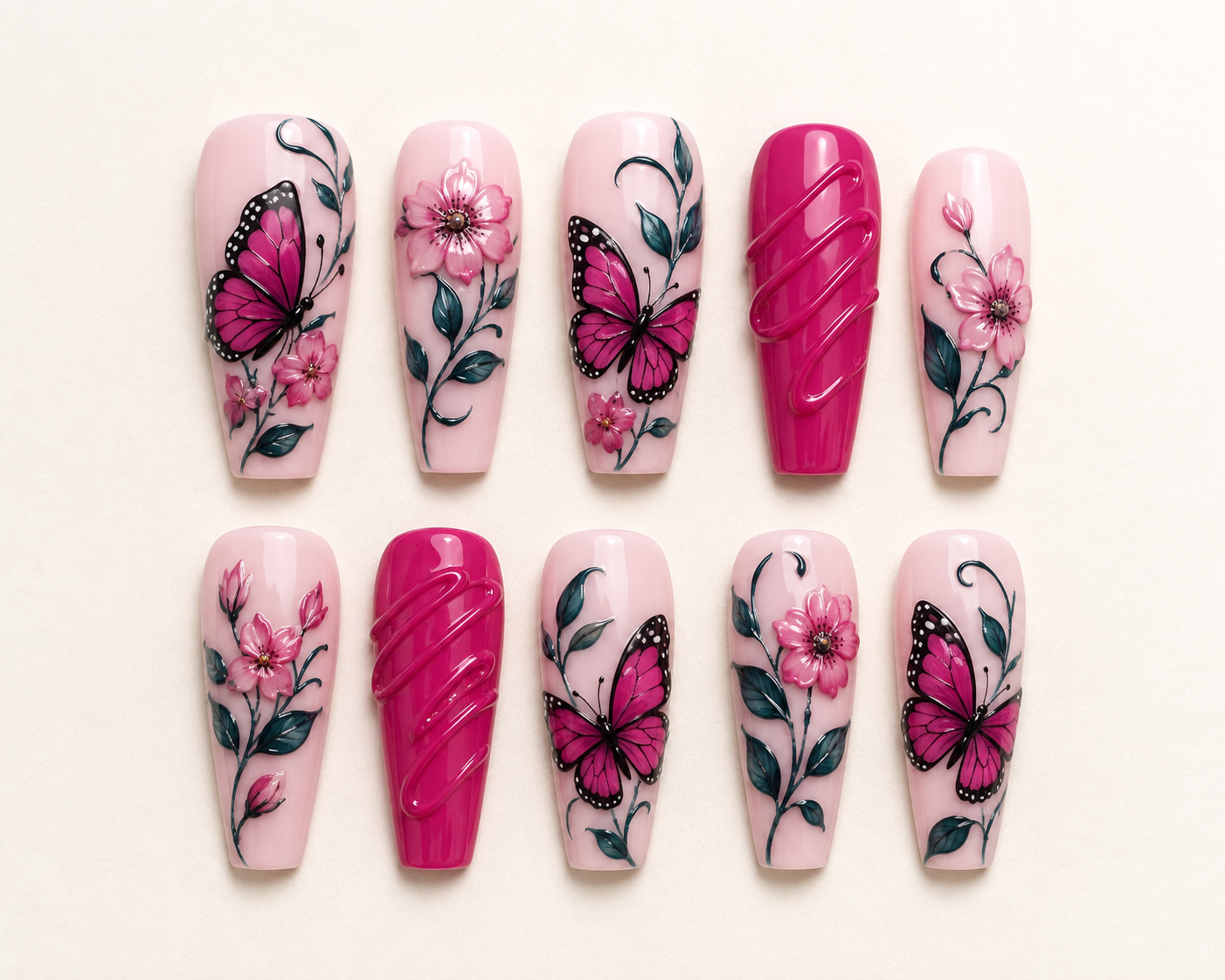 Enchanted Garden Butterfly & Floral Coffin Press-On Nails flat lay
