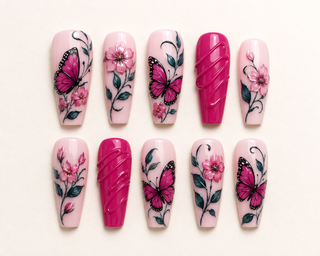 Enchanted Garden Butterfly & Floral Coffin Press-On Nails flat lay