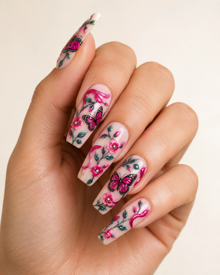 Enchanted Garden Butterfly & Floral Coffin Press-On Nails worn on hand
