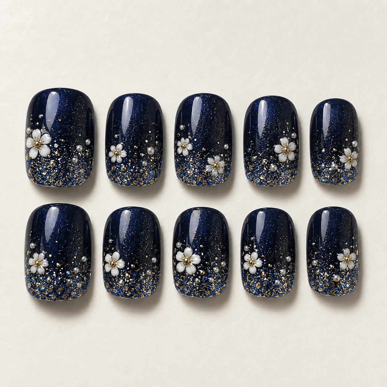 Midnight Galaxy Blossom Medium Square Press-On Nails flat lay
