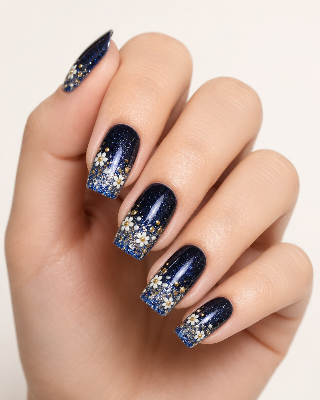 Midnight Galaxy Blossom Medium Square Press-On Nails worn on hand