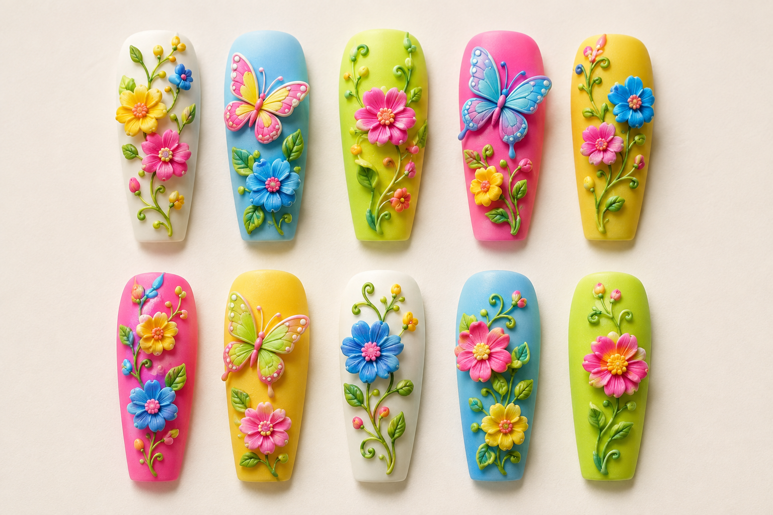 Neon Wonderland 3D Matte Floral Coffin Press-On Nails flat lay