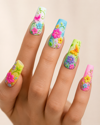 Neon Wonderland 3D Matte Floral Coffin Press-On Nails worn on hand
