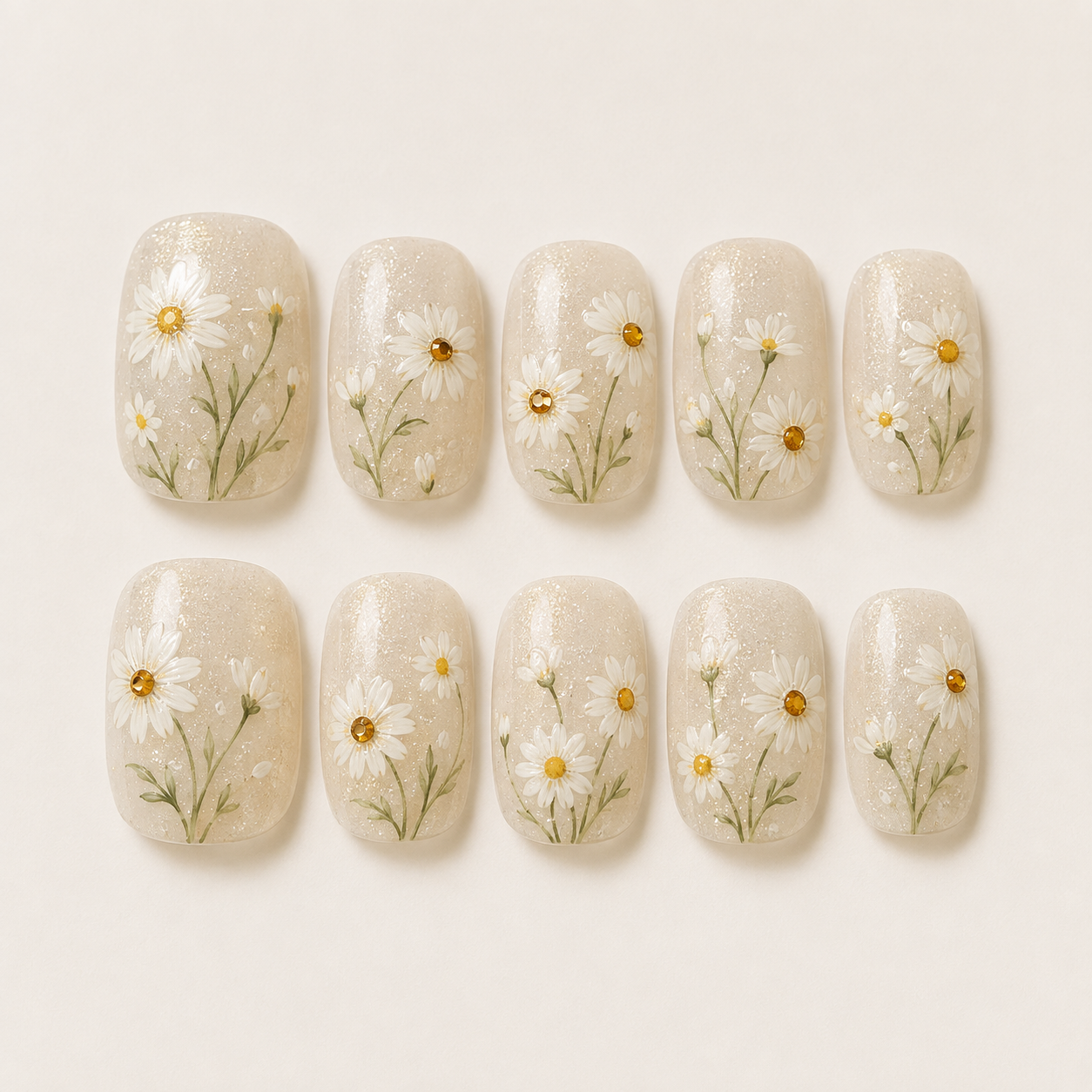 Shimmering Daisy Garden Short Square Press-On Nails flat lay