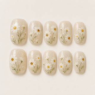 Shimmering Daisy Garden Short Square Press-On Nails flat lay