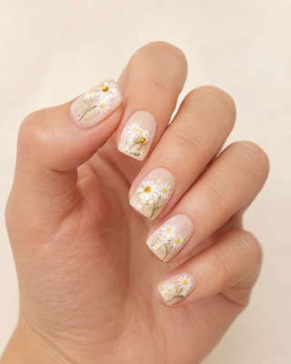 Shimmering Daisy Garden Short Square Press-On Nails worn on hand