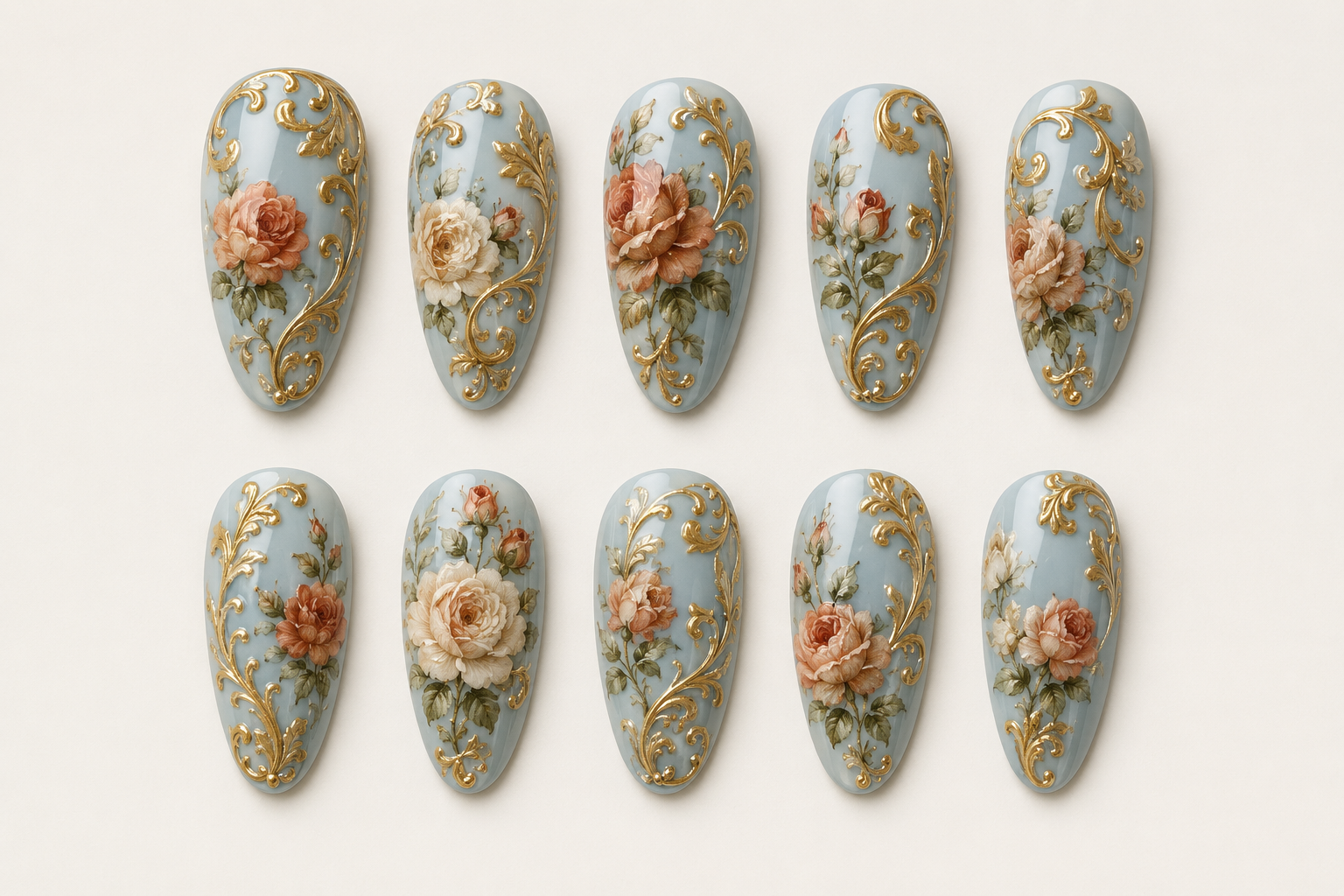 Victorian Porcelain & Gold Leaf Floral Almond Press-On Nails flat lay