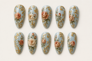 Victorian Porcelain & Gold Leaf Floral Almond Press-On Nails flat lay