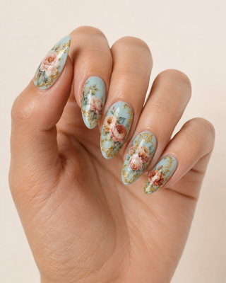 Victorian Porcelain & Gold Leaf Floral Almond Press-On Nails worn on hand