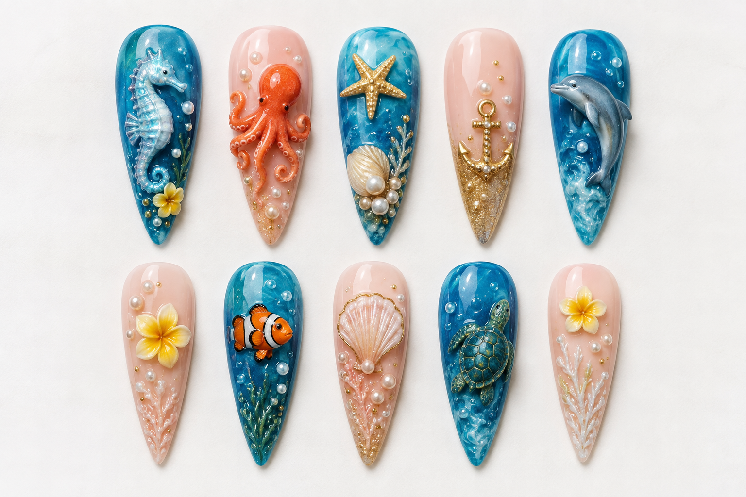Under The Sea 3D Ocean Realm Stiletto Press-On Nails flat lay
