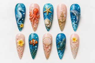 Under The Sea 3D Ocean Realm Stiletto Press-On Nails flat lay