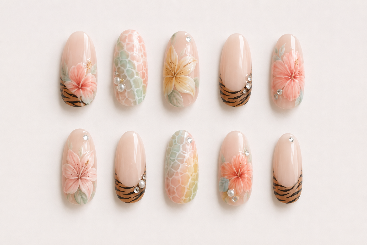 Island Sunset Pastel Floral & Animal Print Almond Press-On Nails flat lay