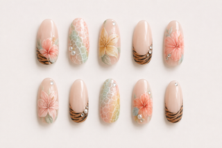 Island Sunset Pastel Floral & Animal Print Almond Press-On Nails flat lay