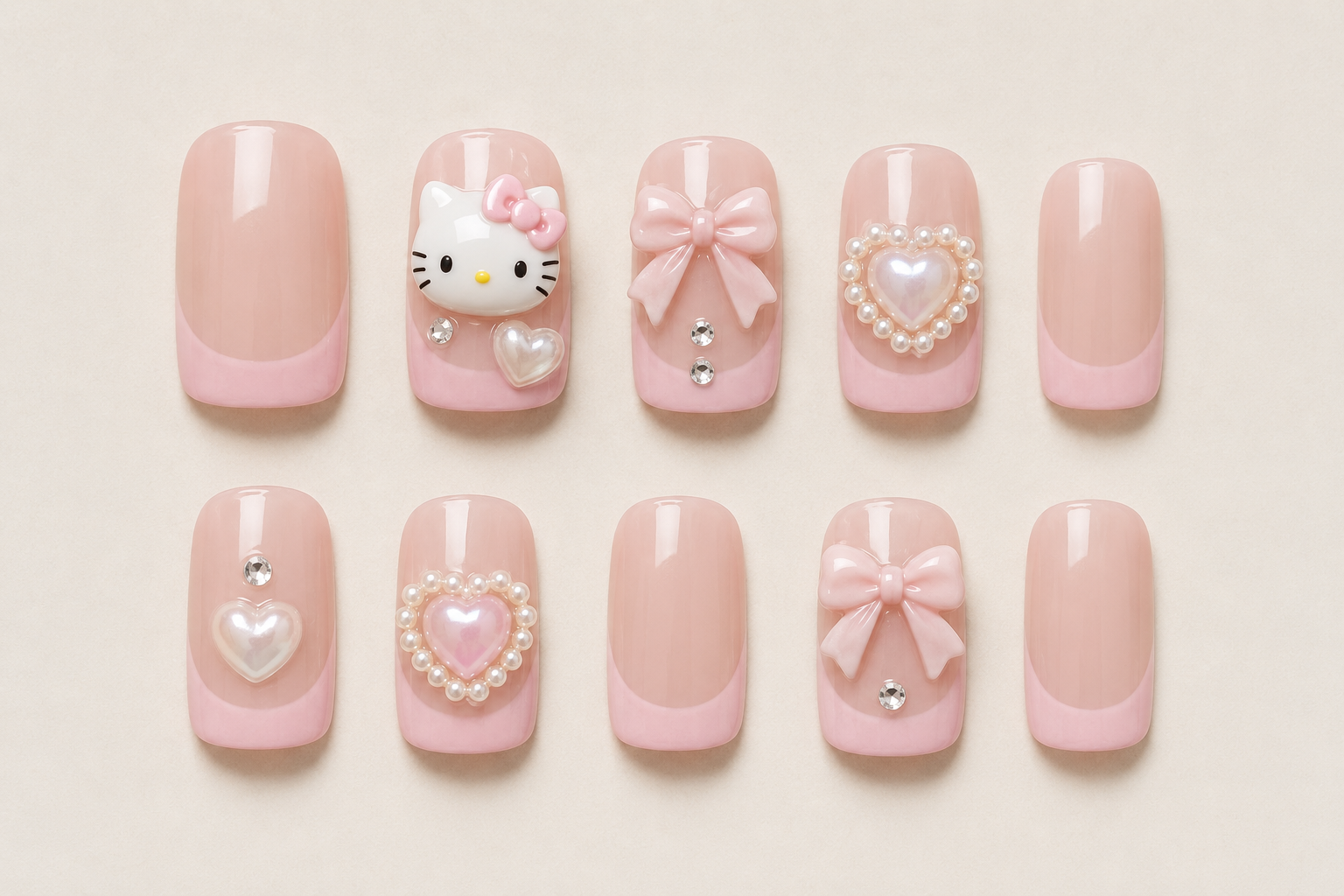 Kawaii Kitty Coquette Pink French Tip Press-On Nails flat lay