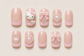 Kawaii Kitty Coquette Pink French Tip Press-On Nails flat lay